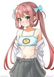 Rule 34 | 1girl, asagumo (kancolle), bare shoulders, black skirt, blue bow, blue bra, blush, bow, bra, brown hair, closed mouth, collarbone, cowboy shot, dated, flat chest, green eyes, kantai collection, long hair, looking at viewer, navel, one-hour drawing challenge, ray.s, shirt, shirt partially removed, signature, skirt, solo, training bra, twintails, underwear, white background, white shirt