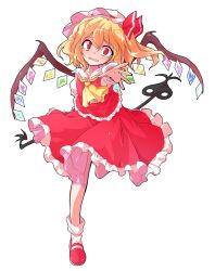 1girl ascot blonde_hair blush bobby_socks bow collarbone commentary_request crystal_wings dairi double-parted_bangs fang flandre_scarlet frilled_shirt frilled_shirt_collar frilled_skirt frilled_sleeves frilled_vest frills full_body hair_between_eyes hat hat_ribbon head_tilt laevatein_(touhou) large_variant_set looking_at_viewer mary_janes medium_hair mob_cap multicolored_wings open_mouth outstretched_arm pink_hat reaching reaching_towards_viewer red_bow red_eyes red_ribbon red_shoes red_skirt red_vest ribbon running shirt shoes simple_background skirt skirt_set socks solo tachi-e tearing_up touhou transparent_background variant_set vest wavy_eyebrows wavy_mouth white_shirt white_socks wings yellow_ascot