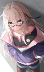 1girl 3: absurdres black_pantyhose blonde_hair blue_eyes blue_shorts blush commentary cowboy_shot english_commentary eyebrows_hidden_by_hair flat_chest glasses hands_in_pockets highres jacket kay_yu long_hair looking_at_viewer messy_hair mole mole_under_eye original paguroidea pantyhose pantyhose_under_shorts partially_unzipped purple_jacket red-framed_eyewear shirt shorts solo thick_eyebrows very_long_hair