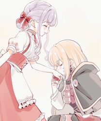 2girls apron aver_(yumenokessho) bang_dream! bang_dream!_it&#039;s_mygo!!!!! black_capelet blonde_hair blue_hair capelet ccc_cloudy center_frills closed_eyes collared_shirt doloris_(bang_dream!) frills gloves hair_bun hair_ribbon half_gloves kiss kissing_hand misumi_uika multiple_girls puffy_short_sleeves puffy_sleeves red_gloves red_skirt ribbon shirt short_hair short_sleeves simple_background skirt smile togawa_sakiko white_apron white_background white_shirt yumenokessho yuri