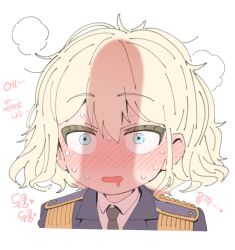 2boys androgynous black_necktie blonde_hair blue_eyes blush drooling erection fluffy_hair full-face_blush medium_hair military_uniform multiple_boys necktie original penis penis_shadow saliva shirt silhouette simple_background steam steaming_body sweat trap white_shirt wootsang