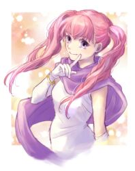 1girl breasts dress elbow_gloves fire_emblem fire_emblem:_the_blazing_blade gloves medium_breasts nintendo pink_hair pointing purple_eyes purple_scarf scarf serra_(fire_emblem) short_hair simple_background smile solo twintails upper_body usachu_now white_dress white_gloves