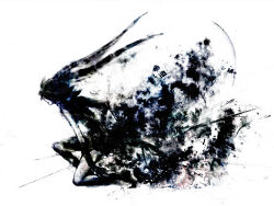 1girl album_cover cover daisy_(invisibleworld) female_focus floating_hair hatsune_miku kneeling long_hair monochrome simple_background solo splatter very_long_hair vocaloid white_background