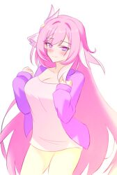 Rule 34 | 1girl, absurdres, breasts, commentary, cowboy shot, diamond-shaped pupils, diamond (shape), dress, elysia (herrscher of human: ego) (honkai impact), elysia (honkai impact), hair ornament, highres, honkai (series), honkai impact 3rd, jacket, large breasts, long hair, looking at viewer, pink hair, purple eyes, purple jacket, simple background, smile, solo, symbol-shaped pupils, thighs, very long hair, white background, white dress, yue kanade