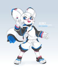 1boy 2017 absurdres animal_ears blue_eyes chinese_commentary colored_skin commentary english_commentary furry furry_female genderswap genderswap_(ftm) glasses highres holding holding_stylus hood hoodie kde kiki_the_cyber_squirrel krita_(medium) krita_(software) long_sleeves looking_at_viewer mascot open_mouth original robot sandals shorts signature smile squirrel squirrel_ears squirrel_girl squirrel_tail standing stylus symbol_in_eye tail three_quarter_view tyson_tan white_hair white_skin