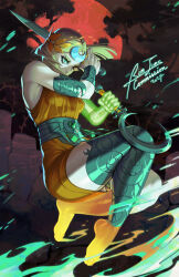 1girl ancient_greek_clothes asymmetrical_arms barefoot black_sclera blonde_hair bone colored_sclera dress glowing_arm greco-roman_clothes green_arm green_lips hades_(series) hades_2 highres holding_sickle laurel_crown melinoe_(hades) mismatched_sclera orange_dress rim_jims see-through_body sickle skeletal_arm