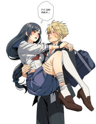1boy 1girl absurdres arms_around_neck bag bandaged_leg bandages bandaid bandaid_on_arm bandaid_on_face black_hair black_jacket black_pants blonde_hair blue_eyes blue_sailor_collar blue_scrunchie blue_skirt blush bracelet breasts brown_shoes carrying closed_mouth cloud_strife cloud_strife_(midgard_seventh_high_school) collared_shirt commentary couple embarrassed english_commentary english_text feet_out_of_frame final_fantasy final_fantasy_vii final_fantasy_vii_ever_crisis full_body gakuran hair_ornament hair_scrunchie hand_on_another&#039;s_shoulder highres jacket jewelry large_breasts long_hair looking_at_another low-tied_long_hair neckerchief nosleeparewe official_alternate_costume open_mouth pants pleated_skirt princess_carry red_eyes red_neckerchief sailor_collar school_uniform scrunchie serafuku shirt shoes short_hair shoulder_bag simple_background skirt speech_bubble spiked_hair standing thighhighs thighhighs_pull tifa_lockhart tifa_lockhart_(midgard_seventh_high_school) white_background white_serafuku white_shirt white_thighhighs