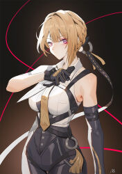 1girl black_gloves blonde_hair breasts chest_harness collar elbow_gloves evelyn_chevalier gloves half_gloves harness high-waist_pants highres holding holding_knife knife large_breasts latex_pants long_ribbon looking_at_viewer mi_(630956686) necktie pants purple_eyes shirt single_elbow_glove single_half_glove tight_clothes tight_pants white_shirt yellow_necktie zenless_zone_zero