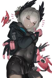 1girl ;d animal arknights black_gloves black_shorts bodystocking breasts bright_pupils covered_navel dark-skinned_female dark_skin double_w extra_arms fish gloves grey_eyes grey_hair grin gun hair_between_eyes hair_intakes handgun hashtag-only_commentary highres holding holding_gun holding_weapon jambaeng long_sleeves looking_at_viewer medium_breasts mole mole_under_eye notice_lines one_eye_closed open_fly open_mouth pink_gloves pointing pointing_at_self raidian_(arknights) rhodes_island_logo_(arknights) short_hair short_shorts shorts simple_background skin_tight smile solo v w weapon white_background white_pupils