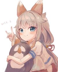 1girl animal_ear_fluff animal_ears blue_sailor_collar bokukawauso child fox_ears fox_shadow_puppet green_eyes grey_hair hip_vent kantai_collection long_hair low_twintails mikura_(kancolle) otter puffy_short_sleeves puffy_sleeves red_skirt sailor_collar sailor_shirt school_uniform serafuku shirt short_sleeves simple_background skirt smile twintails white_background white_shirt wss_(nicoseiga19993411)