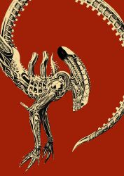 alien alien_(series) claws commentary from_side hashimoto_yusuke hashtag-only_commentary highres limited_palette monster no_humans red_background sharp_teeth signature skeleton solo tail teeth x-ray xenomorph