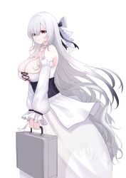 Rule 34 | 1girl, absurdres, bare shoulders, black hair, bow, breasts, briefcase, choker, cleavage, commentary, criss-cross straps, defaultkavy, detached sleeves, dress, earendel (jishenkong jihua), gradient hair, hair bow, highres, holding, holding briefcase, jishenkong jihua, large breasts, long dress, long hair, looking at viewer, multicolored hair, off-shoulder dress, off shoulder, pink eyes, see-through clothes, simple background, sleeveless, sleeveless dress, smile, solo, standing, very long hair, virtual youtuber, white background, white bow, white choker, white dress, white hair