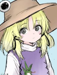 1girl absurdres animal_print aqua_background black_ribbon blonde_hair blue_background blush brown_hat closed_mouth commentary_request dress frog_print grey_eyes hair_between_eyes hair_ribbon hat highres kon_(pixiv_115109859) long_sleeves looking_at_viewer medium_hair moriya_suwako one-hour_drawing_challenge parted_bangs purple_dress purple_vest ribbon shirt short_hair sidelocks simple_background solo touhou turtleneck turtleneck_shirt upper_body vest white_shirt wide_sleeves