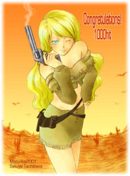 Rule 34 | 1girl, 2001, bad id, blonde hair, blue eyes, brown shirt, brown skirt, closed mouth, congratulations, cowboy shot, crop top, desert, finger on trigger, fringe trim, gun, handgun, holding, holding gun, holding weapon, holster, long hair, looking at viewer, milestone celebration, off-shoulder shirt, off shoulder, one eye closed, orange background, orange sky, original, outdoors, revolver, shirt, skirt, sky, smile, smoke, smoking barrel, solo, sunset, tachibana sakuya (matsurika), weapon