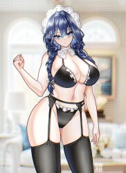 1girl adapted_costume bikini black_bikini black_thighhighs blue_eyes blue_hair braid breasts closed_mouth frilled_bikini frills garter_straps hair_intakes hat highres hololive hololive_english huge_breasts long_hair low_twin_braids maid maid_bikini mob_cap muhammaddeny navel ouro_kronii ouro_kronii_(maid) solo swimsuit thighhighs twin_braids unconventional_maid virtual_youtuber