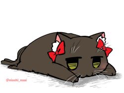 :3 animal_focus black_cat bow cat commentary_request full_body kaenbyou_rin kaenbyou_rin_(cat) looking_at_viewer lying multiple_tails no_humans noai_nioshi on_stomach red_bow simple_background solo sploot tail touhou twitter_username two_tails whiskers white_background yellow_eyes