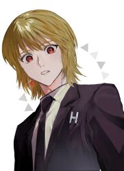 1boy alternate_costume black_jacket black_necktie blonde_hair collared_shirt commentary earrings formal_clothes highres hunter_x_hunter jacket jewelry kurapika lapels looking_down male_focus necktie notched_lapels parted_lips piercing red_eyes sgossho shirt single_earring solo sparkle suit_jacket teeth triangle upper_body white_background white_shirt wing_collar