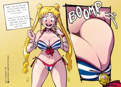1girl bikini bishoujo_senshi_sailor_moon blonde_hair blue_bikini blue_eyes blush breasts choker double_bun gradient_background hair_bun large_breasts long_hair midriff multicolored_bikini red_bikini smile solo speech_bubble striped_bikini striped_clothes swimsuit tail-blazer thick_thighs thighs tsukino_usagi twintails