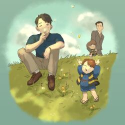 4boys baby black_hair brown_hair chanchanko_(clothes) child closed_eyes cloud cloudy_sky dandelion edosumo_nin father_and_son field flower formal_clothes gegege_no_kitarou geta highres kitarou kitarou_tanjou:_gegege_no_nazo loafers mature_male medama_oyaji mizuki_(gegege_no_kitarou) multiple_boys necktie open_mouth pants parted_bangs scar shoes short_sleeves sitting sky suit walking whistling