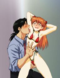 1boy 1girl age_difference amondetauro arms_behind_head arms_up beard_stubble bikini black_hair black_pants blue_shirt blush breasts drooling facial_hair fingering food_print fruit_print half_updo hetero highres interface_headset_(evangelion) kaji_ryouji licking licking_armpit long_hair low_ponytail mature_male mouth_drool necktie neon_genesis_evangelion orange_hair pants ponytail red_bikini red_necktie shirt small_breasts smile souryuu_asuka_langley stubble swimsuit watermelon_print