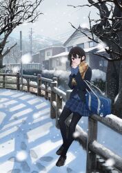 1girl bag bag_charm black_eyes black_jacket black_pantyhose blue_background blue_jacket building charm_(object) day fence highres house jacket loafers original outdoors own_hands_together pantyhose plaid_clothes plaid_scarf plaid_skirt sakeharasu scarf school_uniform shoes shoulder_bag skirt sleeves_past_wrists snow solo standing tree utility_pole winter wooden_fence