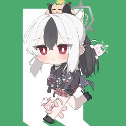 1girl :&lt; :3 akira_(blue_archive) angry animal animal_on_head animal_on_leg animalization black_cat black_choker black_hair black_hoodie black_horns black_shoes blue_archive blush bright_pupils carrying cat chinese_commentary choker closed_eyes closed_mouth commentary_request crossed_bangs demon_horns double-parted_bangs exit_sign eyes_visible_through_hair fang food_in_mouth full_body green_background grey_halo hair_between_eyes halo highres hood hoodie horns huashijie_(medium) kayoko_(blue_archive) kazusa_(blue_archive) long_hair long_sleeves making-of_available mari_(blue_archive) miniskirt momoi_(blue_archive) mouth_hold multicolored_hair o_o on_head open_mouth person_and_animalization pink_cat pink_halo plaid_clothes plaid_skirt pleated_skirt ponytail red_eyes red_skirt running serika_(blue_archive) shoes sidelocks simple_background skirt streaked_hair striped_horns two-tone_background two-tone_hair v-shaped_eyes white_background white_hair white_pupils year_yail yellow_cat yellow_halo zipper