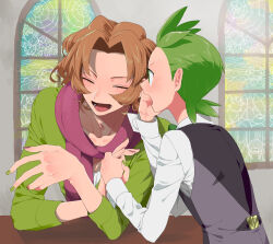 2boys black_vest blush brown_hair burgh_(pokemon) cilan_(pokemon) closed_eyes collarbone eyelashes gen_2_pokemon gen_5_pokemon gen_8_pokemon green_hair green_shirt holding_hands joltik male_focus miyawaki multicolored_nails multiple_boys nintendo open_mouth orbeetle pink_scarf pokemon pokemon_bw scarf shirt short_hair spinarak stained_glass tarountula vest whispering white_shirt window yaoi