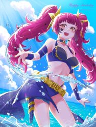 1girl alternate_costume alternate_hairstyle bare_shoulders belt bikini blush breasts choker cleavage collarbone detached_sleeves facial_mark fire_emblem fire_emblem_engage gold_belt hair_ornament highres long_hair long_sleeves looking_at_viewer medium_breasts momosyake333 navel nintendo ocean open_mouth playing purple_bikini purple_choker purple_sarong red_eyes red_hair sarong smile solo star_(symbol) star_facial_mark star_hair_ornament stomach swimsuit teeth twintails v water yellow_belt yunaka_(fire_emblem)