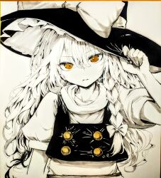 1girl absurdres apron arm_at_side arm_up black_hat black_vest bow braid buttons closed_mouth collarbone cropped_arms greyscale hair_bow hand_on_headwear hat hat_bow highres kirisame_marisa long_hair looking_at_viewer mikan_(manmarumikan) monochrome orange_eyes puffy_short_sleeves puffy_sleeves shirt short_sleeves side_braid simple_background single_braid solo touhou traditional_media turtleneck turtleneck_shirt upper_body vest waist_apron white_background white_shirt witch_hat