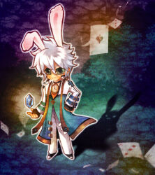 1boy ace_(playing_card) ace_of_spades animal_ears arch_bishop_(ragnarok_online) black_gloves black_shoes blue_coat blue_gemstone card chibi chibi_only clock clock_necklace closed_mouth coat commentary_request different_shadow fingerless_gloves full_body gem gloves gobaku_no_hito green_eyes looking_at_viewer male_focus multicolored_coat pants playing_card rabbit_boy rabbit_ears ragnarok_online shoes short_hair smile solo spade_(shape) two-tone_coat white_coat white_hair white_pants