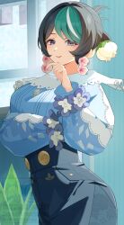 1girl absurdres black_hair blue_shirt breasts cowboy_shot earrings flower_earrings high-waist_skirt highres jewelry large_breasts looking_at_viewer mikami_michael multicolored_hair orchidea_(zenless_zone_zero) purple_eyes shirt short_hair skirt smile solo streaked_hair zenless_zone_zero