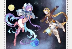 1boy 1girl absurdres baggy_clothes bb_(fate) bb_cosmo_(fate) bb_dubai_(fate) blonde_hair blue_eyes bomber_jacket boots breasts fate/grand_order fate_(series) full_body gloves goggles goggles_on_head grey_gloves grey_sleeves helmet highres jacket jumpsuit kujiramaru large_breasts leotard long_hair looking_at_viewer open_mouth pink_boots pink_hood pink_jumpsuit pink_leotard purple_eyes purple_hair scarf short_hair shrug_(clothing) smile space space_helmet spacesuit star_(sky) very_long_hair voyager_(fate) voyager_(third_ascension)_(fate) yellow_scarf
