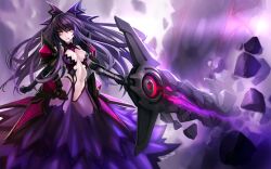 1girl 300_heroes armor armored_dress bow breasts cleavage dark_persona date_a_live dress elbow_gloves game_cg gloves hair_bow huge_weapon light long_hair medium_breasts navel official_art orange_eyes purple_eyes purple_hair see-through_clothes see-through_dress shoulder_armor solo sword thighhighs third-party_source weapon yatogami_tohka yatogami_tohka_(true_form)