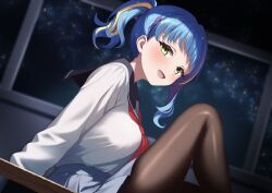 Rule 34 | 1girl, :d, black sailor collar, blonde hair, blue hair, blush, braid, breasts, desk, earrings, green eyes, grey skirt, highres, indie virtual youtuber, jewelry, kamanbearu, kiara (kiarastreams) (vtuber), knee up, long hair, long sleeves, looking at viewer, multicolored hair, neckerchief, night, night sky, on desk, open mouth, pleated skirt, purple hair, red neckerchief, sailor collar, school desk, school uniform, second-party source, serafuku, shirt, single sidelock, sitting, skirt, sky, smile, solo, star (sky), starry sky, streaked hair, tongue, virtual youtuber, white shirt, window