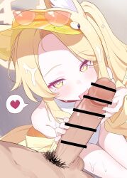 1boy 1girl absurdres animal_ear_fluff animal_ears bare_shoulders blonde_hair blue_archive blush cross_halo cum cum_on_hair fellatio fox_ears fox_girl halo happy_sex heart heart-shaped_pupils hetero highres jacket large_penis licking licking_penis loli long_hair looking_at_viewer off_shoulder official_alternate_costume one-piece_swimsuit oral penis seia_(blue_archive) seia_(swimsuit)_(blue_archive) side_ponytail smile solo_focus spoken_heart sunglasses swimsuit symbol-shaped_pupils thighs tinted_eyewear tongue tongue_out trigonometric_function veins veiny_penis visor_cap white_one-piece_swimsuit yellow_halo yellow_jacket