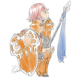 Rule 34 | 1girl, armor, armored boots, boots, fire emblem, fire emblem: the binding blade, gwendolyn (fire emblem), headband, holding, holding polearm, holding weapon, looking up, lowres, mhk (soretonaku), nintendo, orange armor, polearm, red headband, shield, spear, weapon