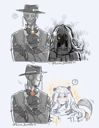 Rule 34 | 1boy, 1girl, absurdres, animal ears, ascot, blue eyes, blush, coat, gloves, grey background, greyscale, hat, highres, honkai: star rail, honkai (series), jewelry, limited palette, lisa javeline, long hair, long sleeves, looking at another, monochrome, monocle, pendant, raccoon ears, raccoon girl, raccoon tail, robot, screwllum (honkai: star rail), shaded face, shirt, smile, sparkle, stelle (honkai: star rail), tail, trailblazer (honkai: star rail), yellow eyes