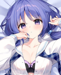 1girl :o artist_name black_bra blue_eyes blue_hair blush bow bra breasts cleavage dakimakura_(medium) female_focus hair_ornament kurone_(suimya) looking_at_viewer lying medium_breasts open_clothes open_shirt shirt suimya tagme twintails underwear watermark white_shirt