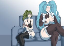 1futa 1girl aftersex aima_zero akeno(itsnafulol) apron baby bikini blue_hair breast_sucking breastfeeding breasts cleavage clothes_writing commentary_request couch crossed_legs futa&#039;d futa_with_female futanari green_hair huge_breasts if_they_mated maid maid_apron maid_bikini maid_headdress pink_eyes ponytail purple_eyes sitting sousou_no_frieren sports_bikini sports_bra sportswear thick_thighs thighhighs thighs twintails ubel_(sousou_no_frieren) unconventional_maid wide_hips