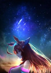 1girl absurdres ahoge animal_ears backlighting bare_shoulders blue_eyes breasts brown_hair commentary from_side grey_leotard highres hikari_(hikaripauwa) horse_ears large_breasts leotard long_hair looking_afar metal_hairband mihono_bourbon_(umamusume) milky_way night night_sky profile sky sleeveless solo star_(sky) starry_sky sunset umamusume upper_body