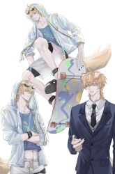 3boys absurdres ahoge animal_ears anklet arknights black_footwear black_necktie blonde_hair blue_eyes blue_jacket blue_vest chinese_commentary closed_mouth collarbone collared_shirt commentary_request crossed_arms decagonalprism dog_boy dog_ears dog_tail ear_piercing earrings eyewear_on_head frown green-tinted_eyewear grey_shorts grey_vest hair_between_eyes hand_up highres hood hood_up hooded_jacket infection_monitor_(arknights) jacket jewelry looking_down looking_to_the_side male_focus messy_hair midriff multiple_boys nail_polish necktie open_clothes open_jacket piercing sandals see-through_clothes see-through_sleeves shirt shorts skateboard skateboarding smile string sunglasses tail teeth tequila_(arknights) thigh_strap tied_hoodie_strings tinted_eyewear vest wheel white_background white_shirt