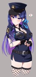 1girl arms_under_breasts belt black_necktie breasts cleavage closed_mouth colored_inner_hair cowboy_shot cuffs dress fishnet_thighhighs fishnets hair_ribbon handcuffs hat heart highres idolmaster idolmaster_va-liv kamizuru_cosmo large_breasts long_hair loose_necktie multicolored_hair necktie pencil_dress police police_hat police_uniform policewoman purple_eyes purple_hair ribbon rqm55 simple_background solo spoken_heart thighhighs zettai_ryouiki