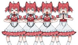 &gt;_&lt; 1girl :3 :d ahoge akami_karubi animal_ears apron blush_stickers choker closed_eyes cowboy_shot crazy_raccoon dress dyed_ahoge fangs frilled_apron frills hair_ribbon half-closed_eyes highres holding holding_microphone legs_apart microphone multicolored_hair multiple_expressions music nervous odayaka open_mouth orange_hair pleated_dress puffy_short_sleeves puffy_sleeves raccoon_ears raccoon_girl raccoon_tail red_dress red_hair ribbon short_hair short_sleeves singing smile socks standing sweat tail twintails v-shaped_eyebrows virtual_youtuber white_hair