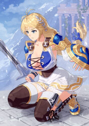 1girl antenna_hair arm_shield armor blonde_hair blue_eyes blue_sky breasts cleavage closed_mouth cloud commentary_request floating_hair gold_trim highres holding holding_sword holding_weapon large_breasts long_hair mountainous_horizon pauldrons shadow shield shoulder_armor skirt sky solo sophitia_alexandra soul_calibur soulcalibur soulcalibur_vi squatting sword very_long_hair weapon white_skirt yagi2013