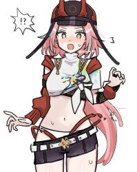 !? 1girl accidental_exposure bell black_shorts blush breasts commentary_request cowbell fake_horns green_eyes haruo_(haruooimo) highres honkai:_star_rail honkai_(series) horned_headwear horns long_hair medium_breasts navel open_mouth panties pants_falling pink_hair rappa_(honkai:_star_rail) red_sweater shirt short_shorts shorts solo stomach sweater thighs tied_shirt twitter_username underwear very_long_hair wardrobe_malfunction white_panties