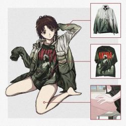 1girl akira_(manga) alternate_costume asymmetrical_hair bad_link bad_source bags_under_eyes bare_legs brown_eyes brown_hair cameo frown full_body gradient_clothes gradient_jacket green_jacket hair_ornament iwakura_lain jacket long_sleeves looking_to_the_side messy_hair no_pants oversized_clothes oversized_shirt pale_skin parted_bangs serial_experiments_lain shirt short_hair sidelocks single_sidelock sitting sleeves_past_fingers sleeves_past_wrists solo thighs wariza white_jacket windbreaker zipper