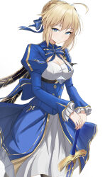 1girl absurdres ahoge armor artoria_pendragon_(fate) black_boots blonde_hair blue_dress blue_ribbon boots brown_pantyhose closed_mouth commentary_request dress fate/stay_night fate/unlimited_blade_works fate_(series) green_eyes hair_ribbon highres honkai:_star_rail honkai_(series) invisible_air_(fate) juliet_sleeves long_sleeves looking_at_viewer official_alternate_costume pantyhose pauldrons puffy_sleeves ribbon saber_(fate) saber_(honkai:_star_rail)_(fate) shokobr short_hair shoulder_armor signature simple_background single_pauldron solo white_background
