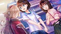 3girls angry blonde_hair blood blue_shirt blue_shorts blush bob_cut bookshelf brown_hair bruise bruise_on_face cable clenched_hand clenched_teeth collarbone covered_eyes cowboy_shot d: dutch_angle floral_print floral_print_skirt game_cg glasses green_skirt hair_ornament hair_over_eyes hairclip headphones indoors injury jacket long_hair looking_at_another mugendo_saki multiple_girls non-web_source nose_blush office official_art open_mouth otori_ai pink_shirt pleated_skirt print_skirt red-framed_eyewear red_jacket semi-rimless_eyewear shirt short_hair short_sleeves shorts skirt slapping smear_frame tearing_up teeth track_jacket under-rim_eyewear unworn_eyewear v-shaped_eyebrows yanagiya_kokoro yumeutsutsu_re:master