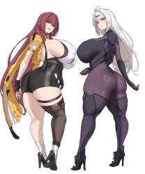 2girls alternate_breast_size_(larger) ass aster_crowley asymmetrical_gloves black_gloves black_unitard bodysuit breasts commentary cosplay costume_switch fate/grand_order fate_(series) fingerless_gloves full_body gloves grey_hair hair_ornament high-waist_shorts high_heels highres huge_breasts jacket long_hair looking_at_viewer multiple_girls purple_bodysuit purple_hair red_eyes scathach_(fate) shorts sideboob uneven_gloves white_background yellow_eyes yellow_jacket yin_yang_pin yixuan_(zenless_zone_zero) zenless_zone_zero