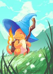 absurdres animal_focus artcher_artwork backpack bag charmander closed_eyes closed_mouth fire flame-tipped_tail gen_1_pokemon grass hat highres holding holding_staff mage_staff nintendo no_humans outdoors pokemon pokemon_(creature) pokemon_focus smile staff tail wizard_hat